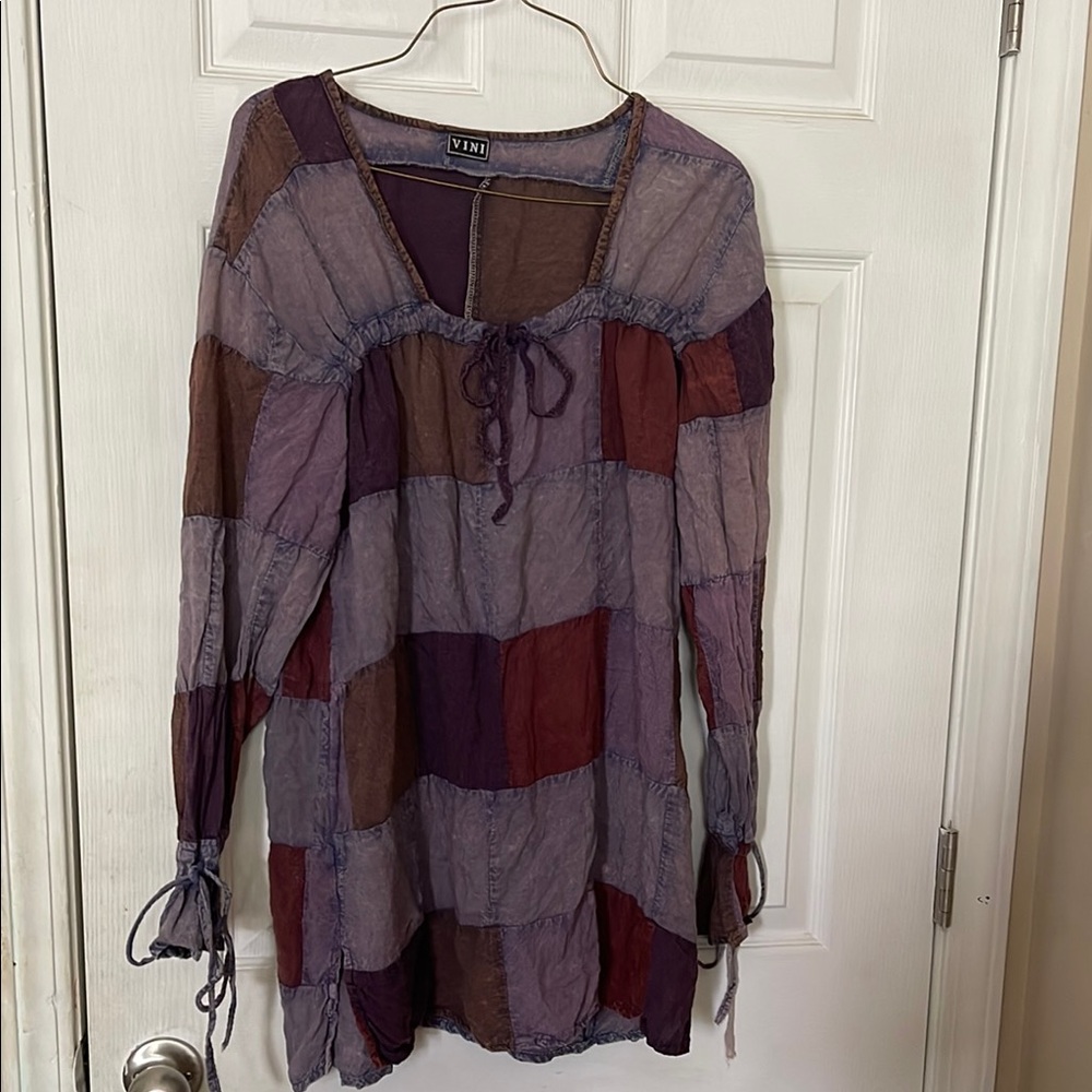 ViVI Purple and Brown Long Sleeve Tie Front Dress
